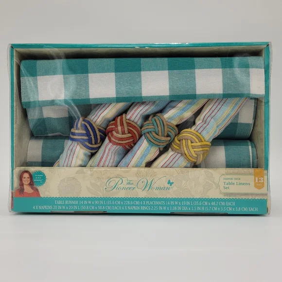 The Pioneer Woman Table Linen Set Teal White Charming Check Tablescape 13pc NEW