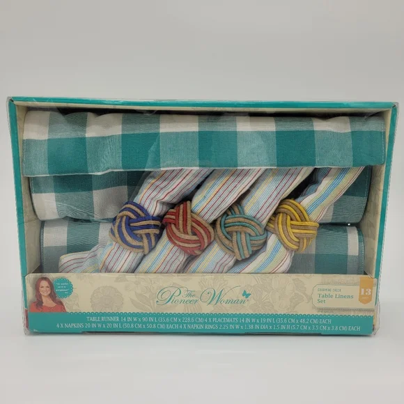 The Pioneer Woman Table Linen Set Teal White Charming Check Tablescape 13pc NEW