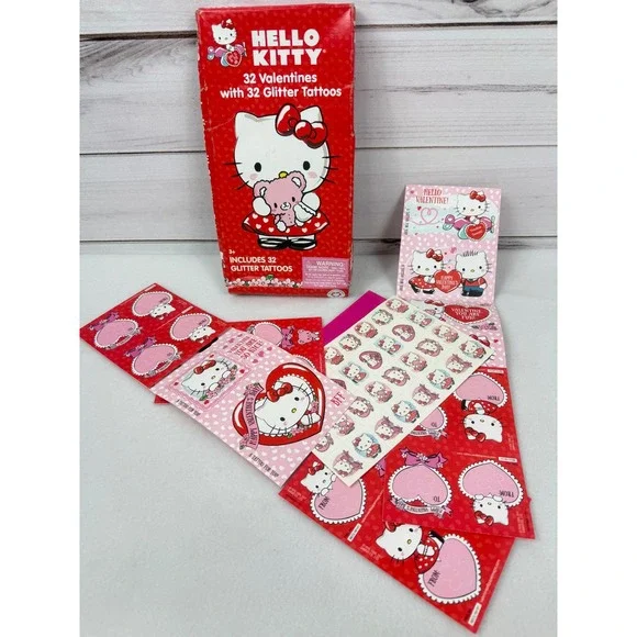 Hello Kitty Valentines 32 Cards &‎ 32 Glitter Tattoos Sanrio 2017 Complete Set