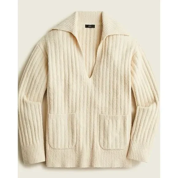 J. Crew Ribbed Boucle Collared Cotton-blend Beach Sweater Cream V-Neck Small