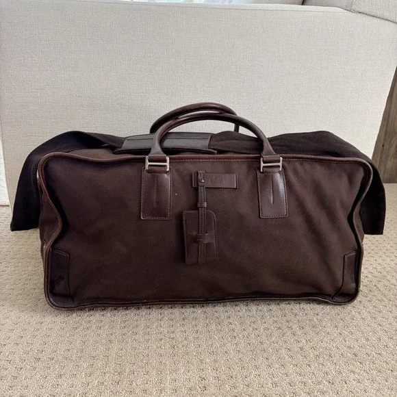 Gucci Brown Canvas Leather Trim Duffle Weekend Travel Bag Large GG Liner Italy