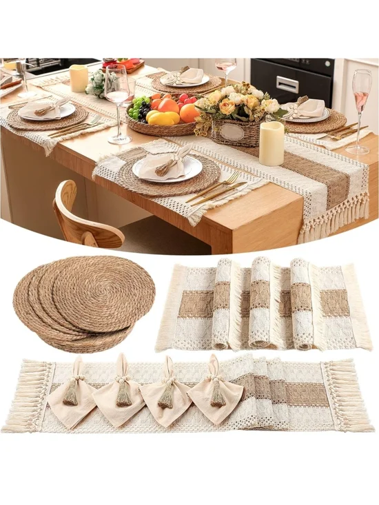 Boho Woven Cotton Table Runner and Placemat Set - Natural Beige
