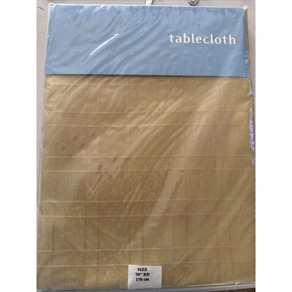 Mervyns 2002 -70 inch‎ round tablecloth mustard plaid embossed polyester