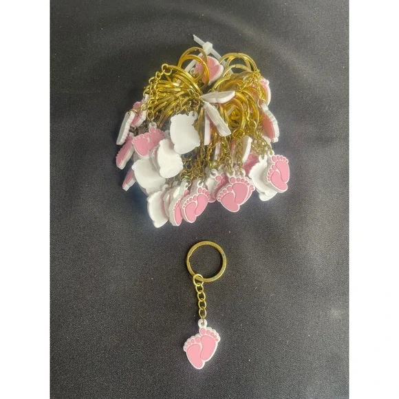 Bulk 50ct Pink Baby Feet Keychains‎ Gold Tone Split Ring Shower Favors Lot