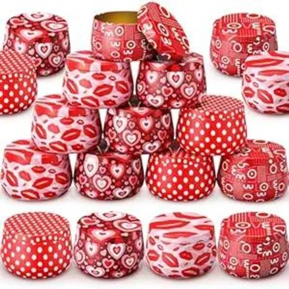 Tandefio Valentine‎ Heart Party Favor Tins 24 Pack Red Pink Love Polka Dot Round