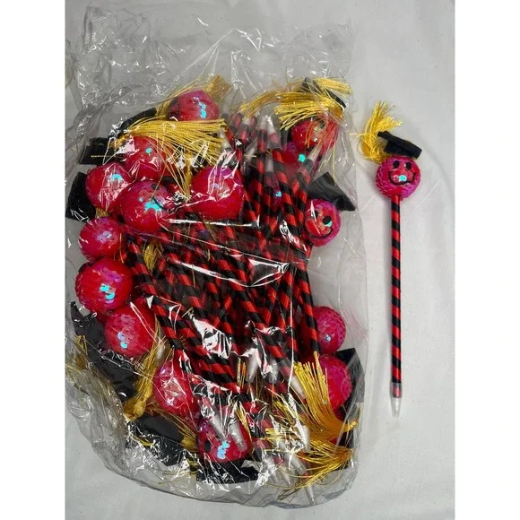 36 Pcs Graduation‎ Novelty Pens Red Black Sequin Smiley Face Mortarboard Tassel