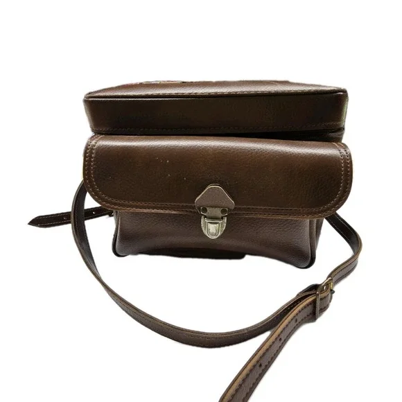 Vintage Hard Brown Leather? Like Camera Case Shoulder Bag Velvety Interior Strap
