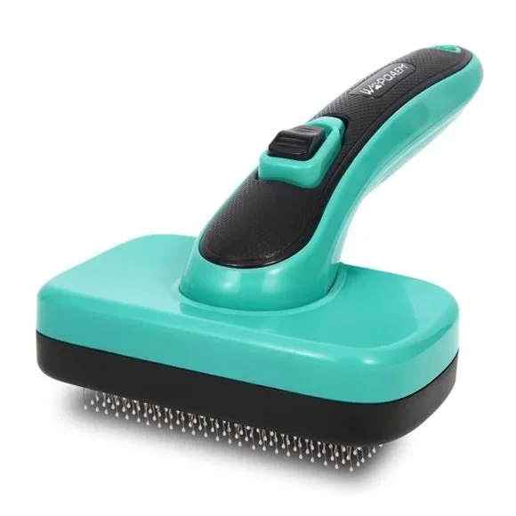 Self cleaning Slicker Brush, Shedding and Grooming tool for Pets, Aqua Green