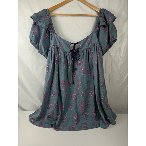 Free People L Blue Floral Peasant Blouse Boho Puff Sleeve Smocked Cottagecore