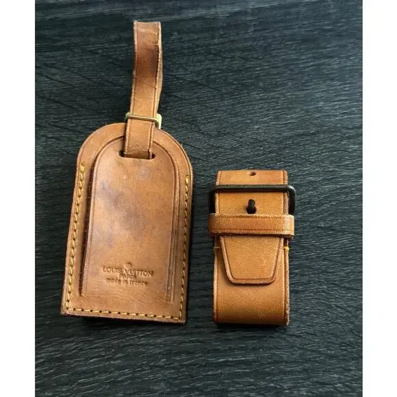 Authentic Louis Vuitton Vachetta Leather Name Luggage Tag‎ And Poignet Set SN926