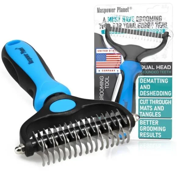 Pet Grooming Brush - Double Sided Shedding, Dematting Undercoat Rake for Dogs