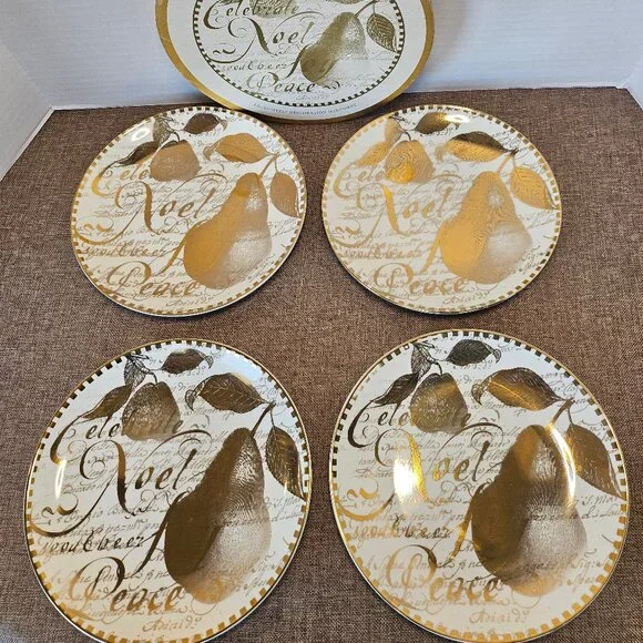 Restoration Hardware Dining Set of 4 Gold Holiday Plates 8.25