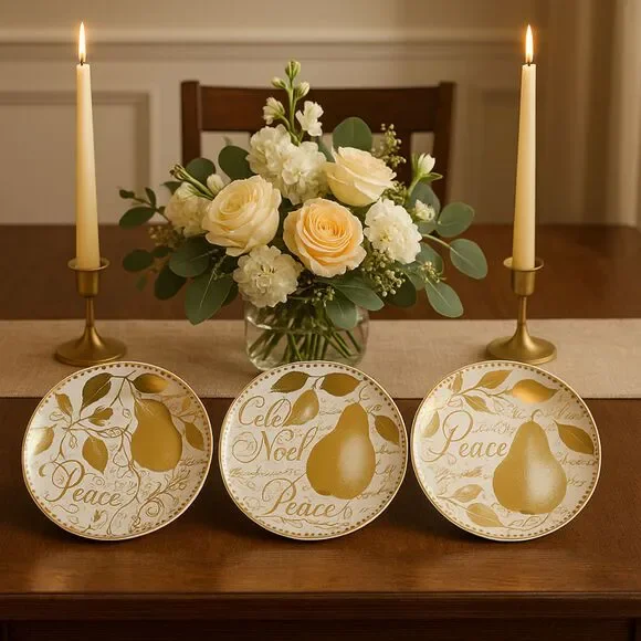 3 Vintage Restoration Hardware Noel Peace Dessert Plates White Gold Christmas