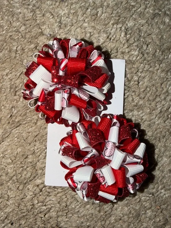 Red & White Ribbon Hair Bows Pair
