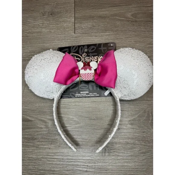 Disney Minnie Mouse Ears Headband White Sequin Pink Bow Cupcake