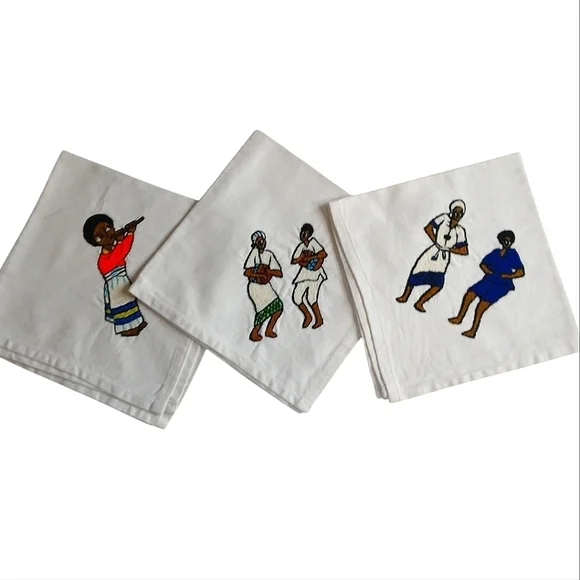 Vintage Handmade Napkin Set of 3 Native Folk Art - Embroidered Cotton Fabric