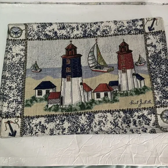 Set of‎ 4 Nautical Placemats Point Judith Lighthouses Sailboat Tapestry 12 x 18
