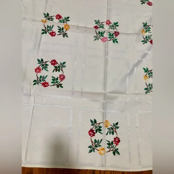 Vintage Embroidered Colorful FLOWERS Tablecloth