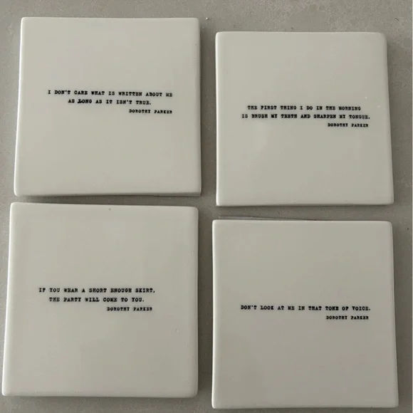 Restoration Hardware Set of 4 Literary Quote Porcelain Coasters, Dorothy Parker
