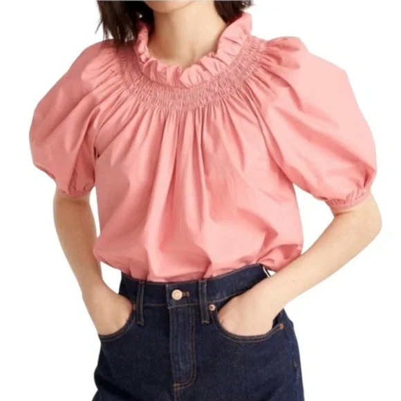 J CREW Smocked Ruffled Neck Puff-Sleeve Cotton Oversized Poplin Top Women's XXS
