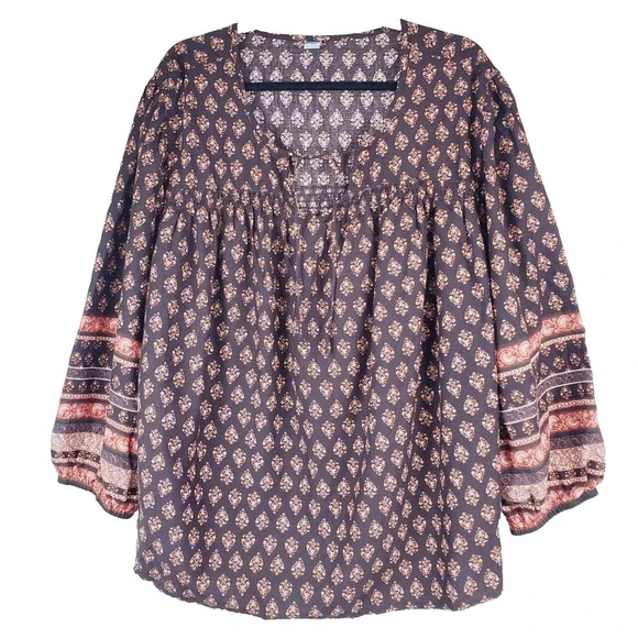 Old Navy Peasant Top Womens 2X‎ Floral Puff Balloon Sleeve Brown Cotton Bohemian