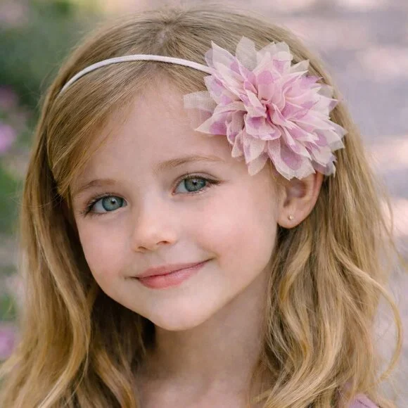 Halabaloo Girls Thin Ivory Satin Headband w/Chiffon Petals Purple‎ Hearts =