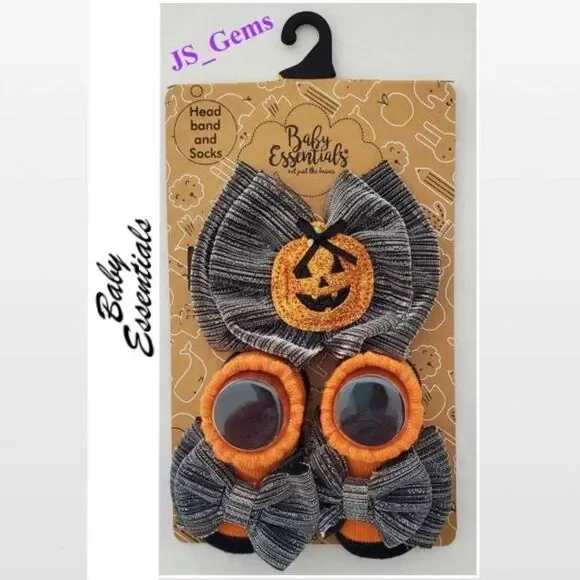 New Baby Halloween Headband & Sock Set Pumpkin Orange & Silver 0-6 Months