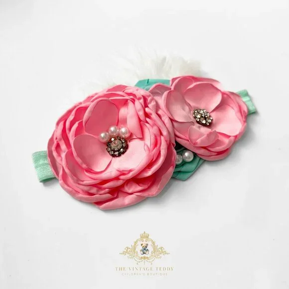NWT Pretty Vintage Inspired Girls Headband Floral Beaded Feathers Pink & Mint OS
