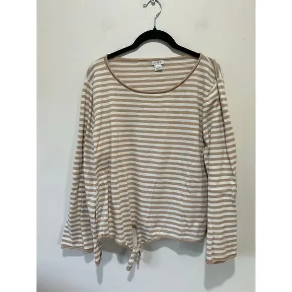 J. Crew tan white striped knit sweater womens XL round neck light weight