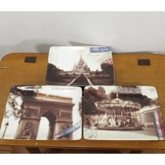 Restoration Hardware 3 Appetizer Plates Paris Theme Trinket Dish Carte Postale