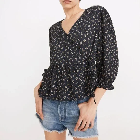 🦋MADEWELL🦋 Puff-Sleeve Peplum Wrap Top in Spring Fling - [Size Small]