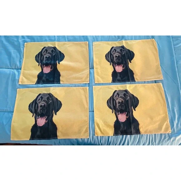 Set of 4 Black Labrador Dog Placemats‎ Yellow Background Table Mats Home Decor