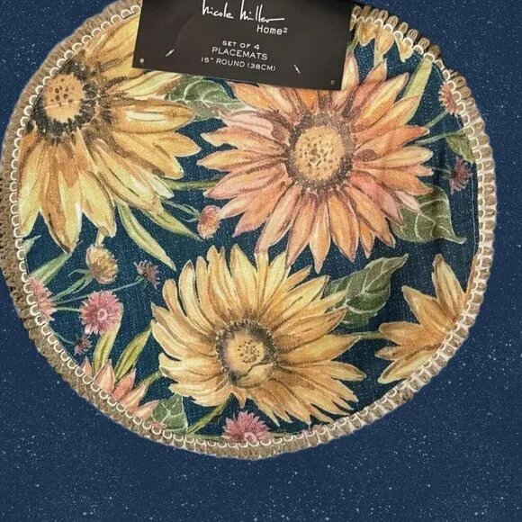 Nicole Miller Washed Autumn Hue Floral Rope Border Detail Placemats- Set of 4