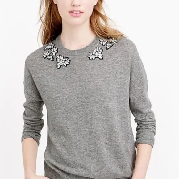 J. Crew Grey Wool Opal-Embellished Sweater