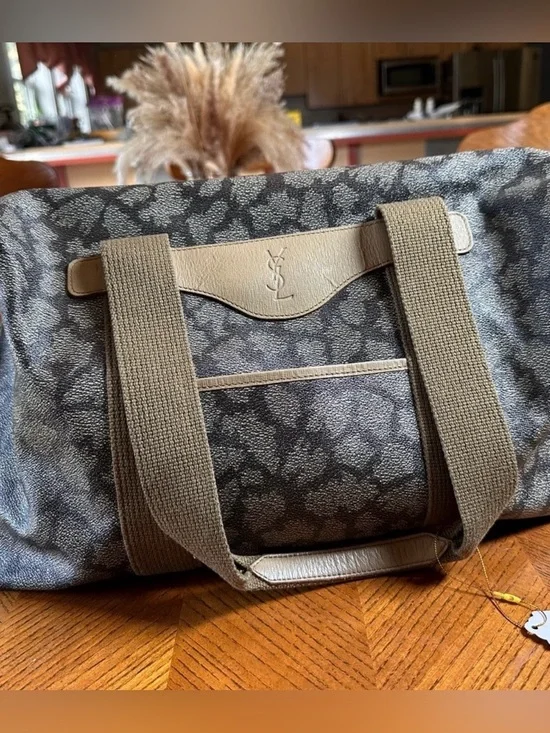 Yves Saint Laurent Olive Green Monogram Duffel Bag with Tan Leather Trim W/ COA