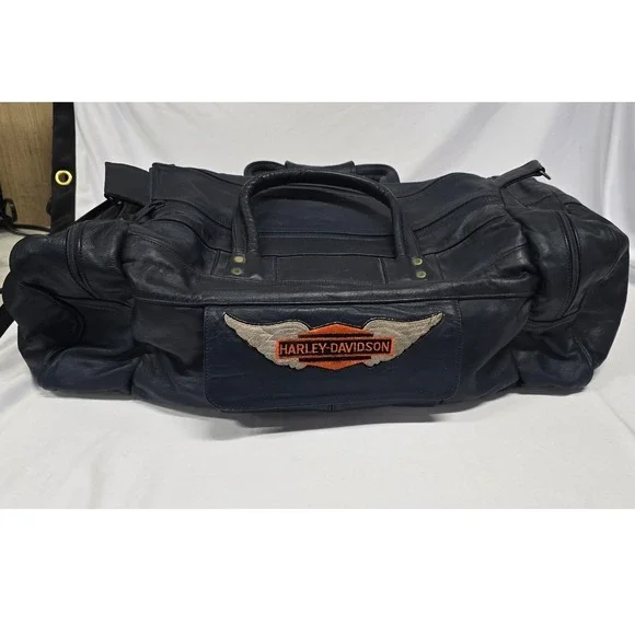 Harley Davidson Navy Blue Leather Duffle Bag Embroidered WingLogo Travel Luggage