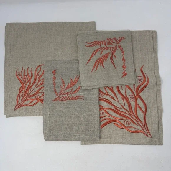 100% Linen Embroidered Table Linens 10 Pieces Abstract Tropical Coastal Hygge