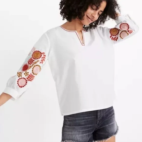 Madewell XS Boho Hippie Beachy Sweet White Popover Embroidered Floral Top