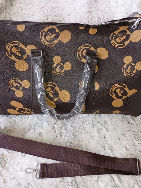 Brown Mickey Mouse Print Travel Duffle Bag