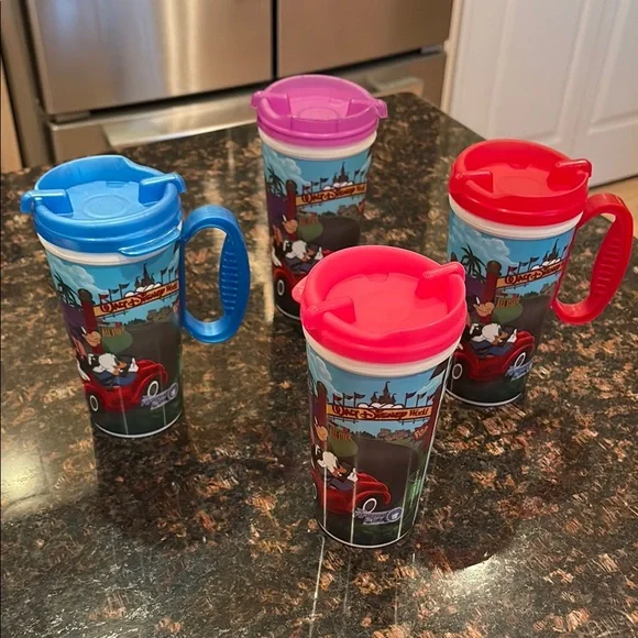 Set of 4 Walt Disney World Rapid Full Travel Mugs - Blue, Red, Pink, Purple