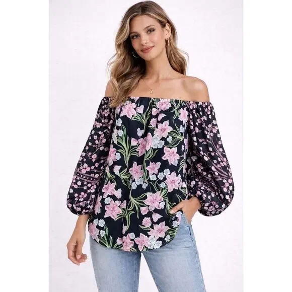 Free People Floral Boho Peasant Top S Puff Sleeve Off Shoulder Blouse w Pockets