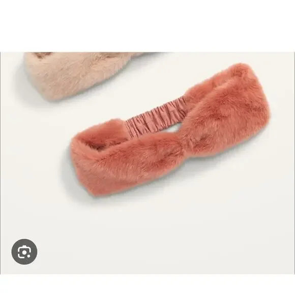 Old Navy Faux Fur Bow Stretch Headwrap Cozy Headband Coral Girls OS‎ EUC