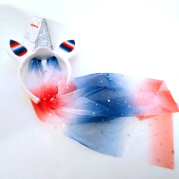 Claire's Unicorn Headband Girls Patriotic American Red White Blue Glitter Veil