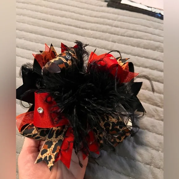 Leopard and Red with Feather Baby Hair Bow #23B