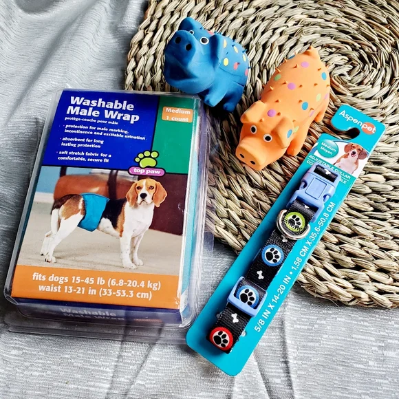4 Pc Puppy Dog Toy Buddle With Collar & Diaper Belly Band