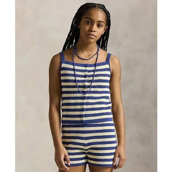 Polo Ralph Lauren Sleeveless Striped Sweater Top&Shorts Set Girls 6X Blue/Cream