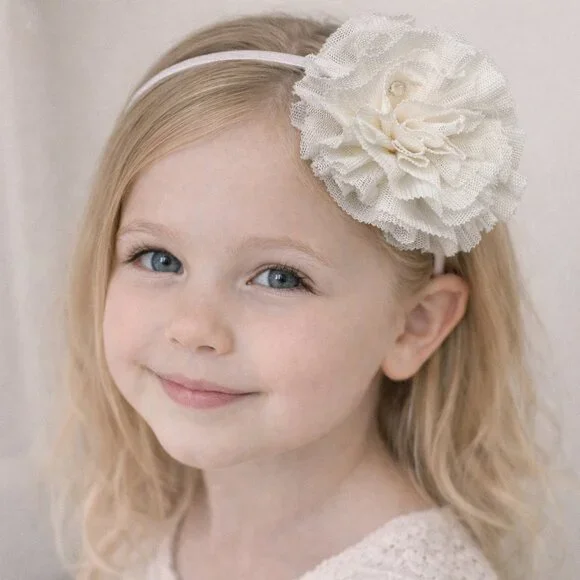 Bari Lynn Girls Beautiful Ivory Thing‎ Headband Tulle Flower & Crystals One Size
