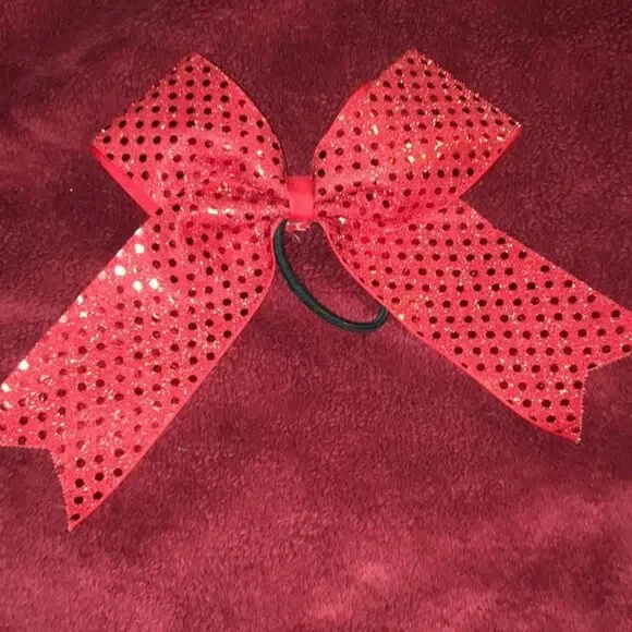 Red Sequin Hair Bow Ponytail. For pom, dance or cheer.