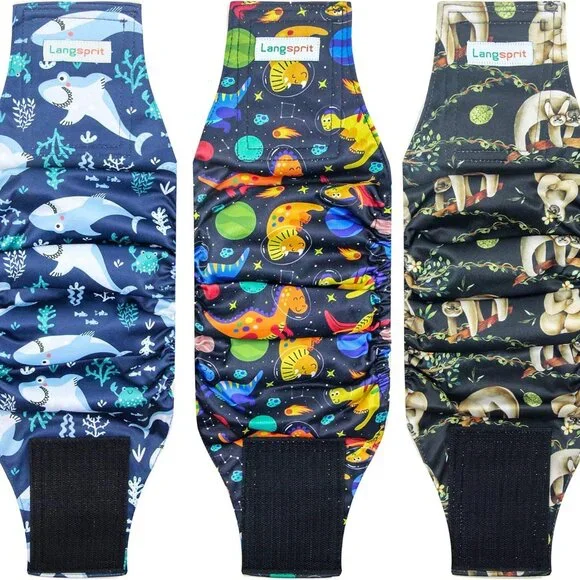 Langsprit Male Belly Bands for Dogs Size Large, Whale, Sloth Dinosaur NEW