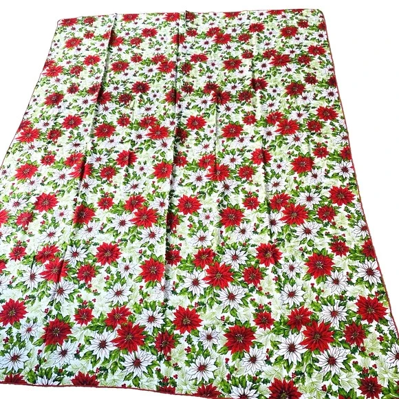 Vintage Christmas Tablecloth Cotton Blend Cloth Festive Red & White Poinsettias